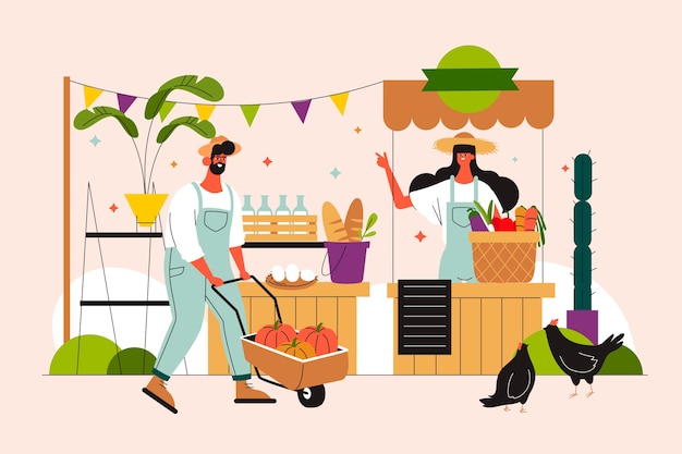 Ilustración de mercado de agricultores de diseño plano dibujado a mano
