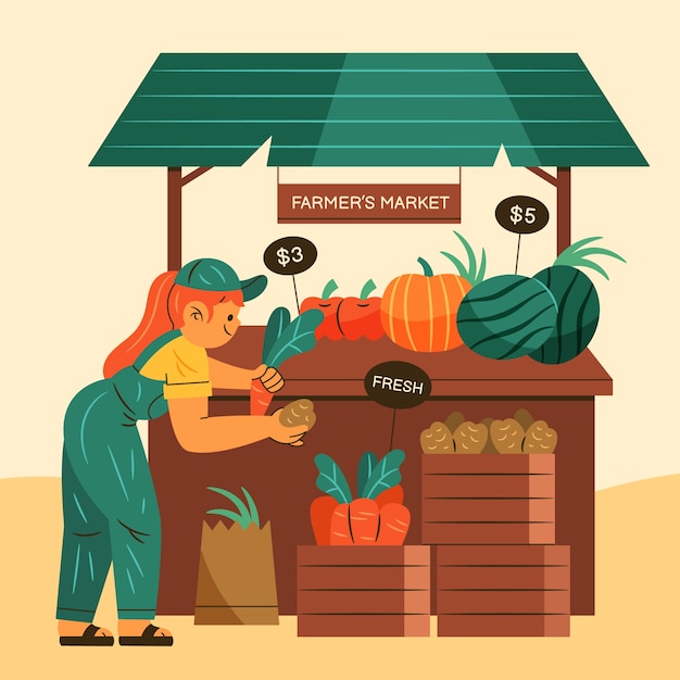 Vector ilustración de mercado de agricultores de diseño plano dibujado a mano