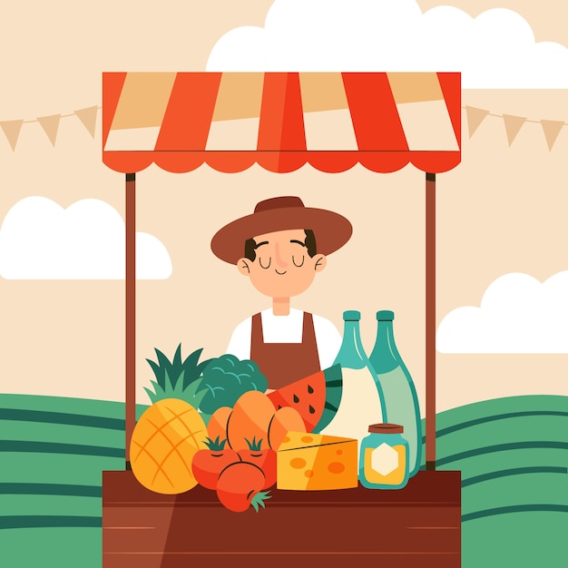 Vector ilustración de mercado de agricultores de diseño plano dibujado a mano