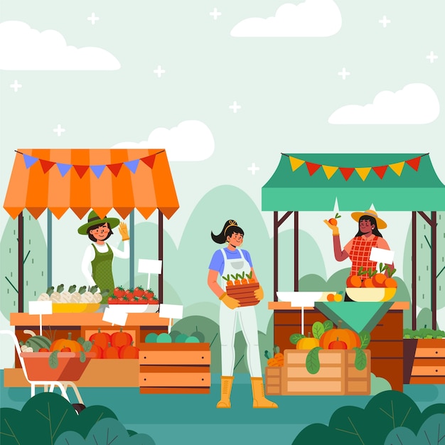 Vector ilustración de mercado de agricultores de diseño plano