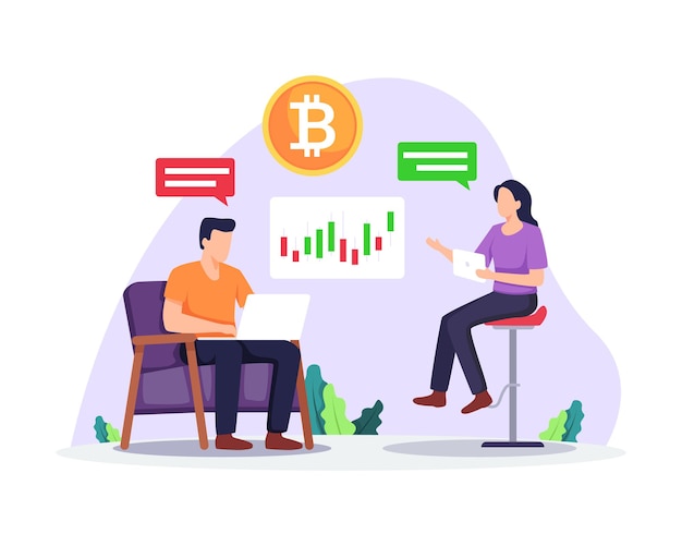 Ilustración del mercado de criptomonedas La gente analiza el gráfico Inversión y comercio de dinero digital