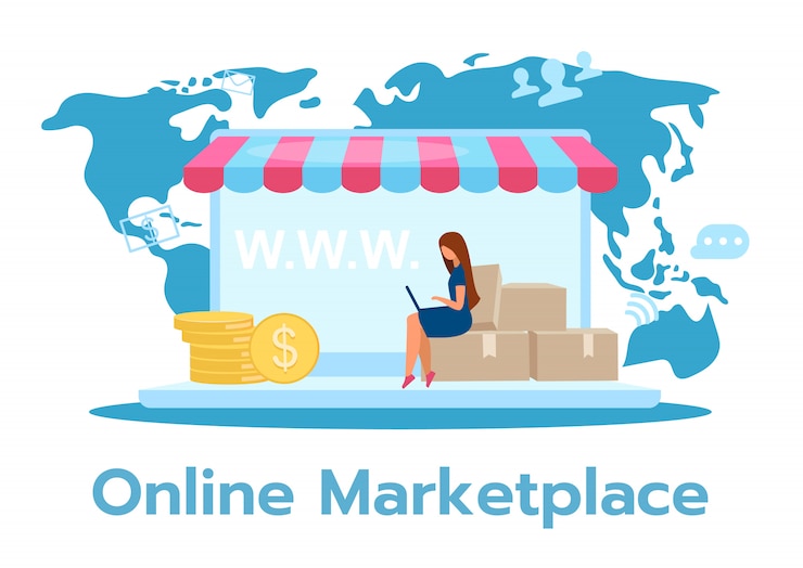 Vector ilustración del mercado en línea. sitio de comercio electrónico multicanal. envío directo. amplia selección de productos. tienda de internet, tienda. modelo de negocio. personaje de dibujos animados sobre fondo blanco