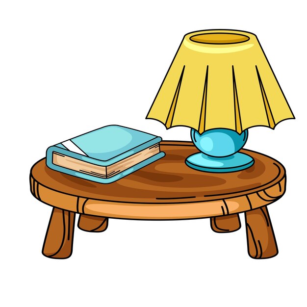 Ilustración de una mesa con un libro y una lámpara aislados en un vector de fondo blanco