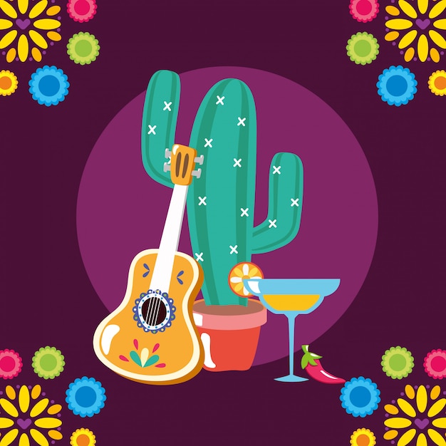 Ilustración mexicana de guitarra y cactus