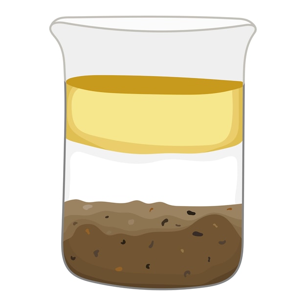 Ilustración de mezcla heterogénea de aceite, agua y arena aislada sobre un fondo blanco