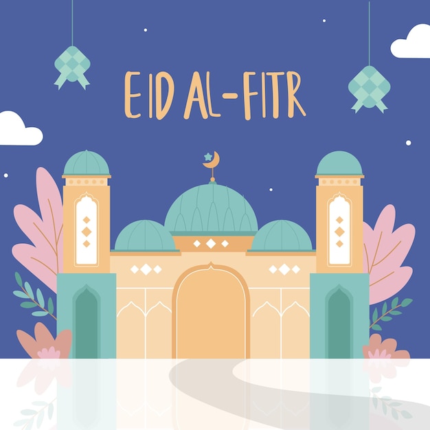 Vector una ilustración de una mezquita con un cielo azul y las palabras eid al fitr en ella