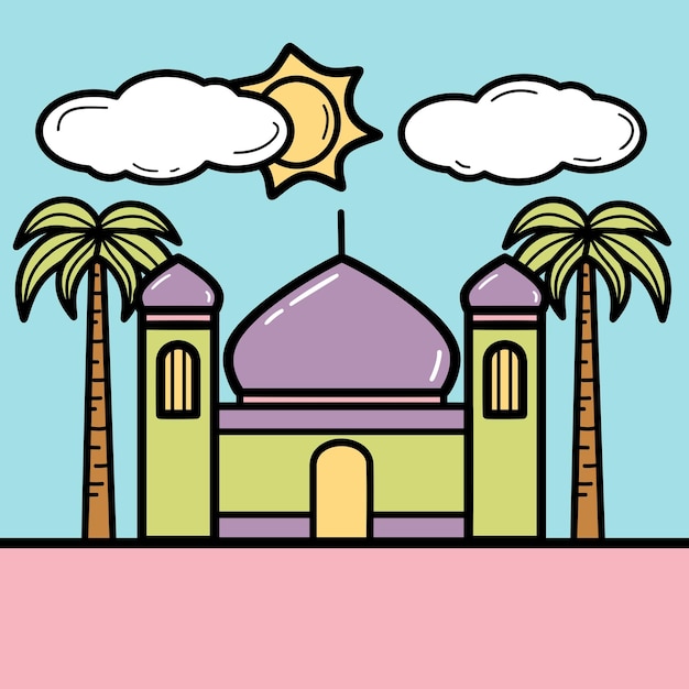 Ilustración de mezquita dibujada a mano con una hermosa vista con palmeras y sol