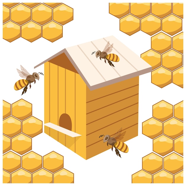 Ilustración miel y apicultura Colmena de madera y abejas en el fondo de panales