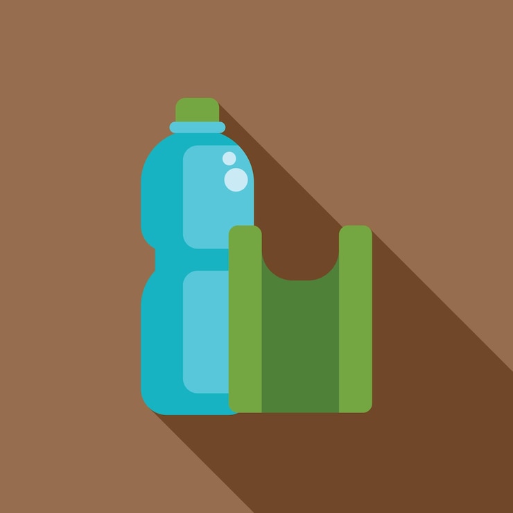 Vector ilustración minimalista de una botella de agua de plástico junto a una bolsa de compras reutilizable