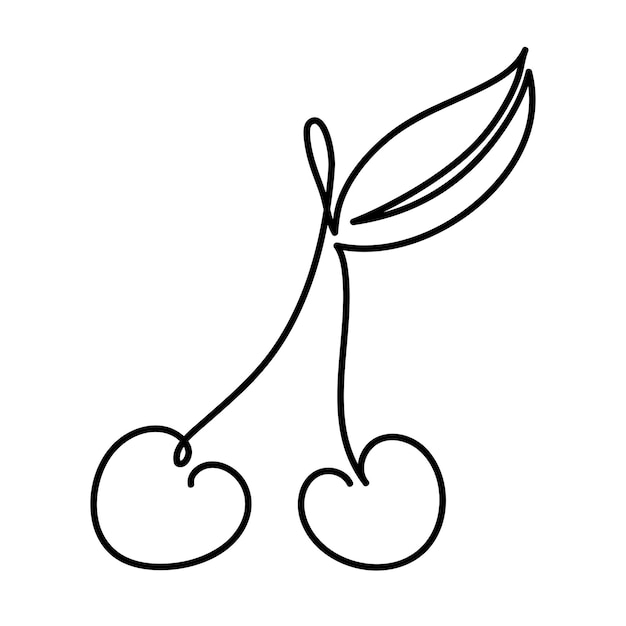 Ilustración minimalista de cereza OneLine con hoja sobre un fondo blanco