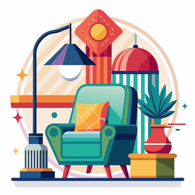 Vector ilustración minimalista colorida de una sala de estar con una lámpara de sillón y una planta