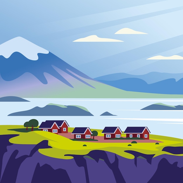 Ilustración minimalista de paisaje plano vectorial de la naturaleza nórdica salvaje: cielo, montañas, agua, casas acogedoras en la costa del mar. Para banner de viaje, tarjeta, publicidad turística de vacaciones, folleto, flayer.