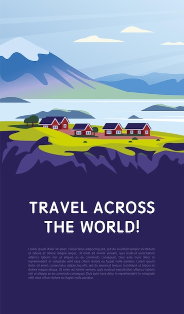 Ilustración minimalista de paisaje plano vectorial de la naturaleza nórdica salvaje: cielo, montañas, agua, casas acogedoras en la costa del mar. Para banner de viaje, tarjeta, publicidad turística de vacaciones, folleto, flayer.