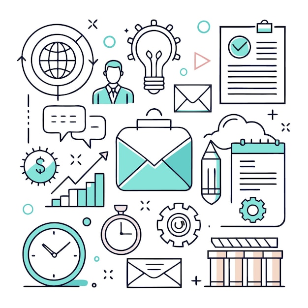 Una ilustración minimalista que representa conceptos empresariales como la planificación de la comunicación, el flujo de trabajo, la productividad y la innovación