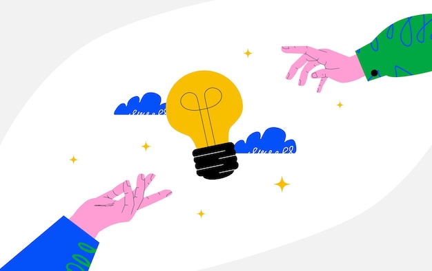Una ilustración minimalista que representa manos que alcanzan una bombilla