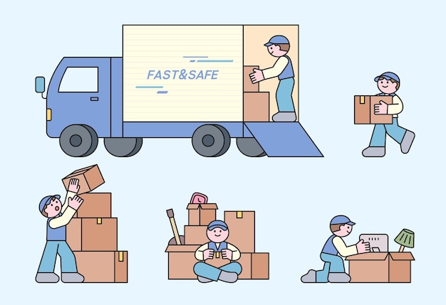 Ilustración minimalista de trabajadores de mudanzas cargando y descargando cajas de un camión