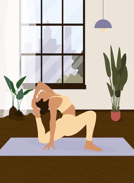 Ilustración minimalista de un vector plano de una mujer practicando yoga en la alfombra en casa