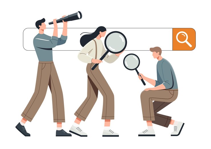 Vector una ilustración minimalista de vector plano que representa a tres personas que buscan activamente información