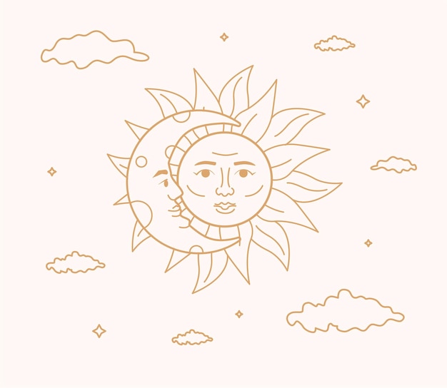 Una ilustración mística esbozada con un sol y una luna creciente Obra de arte celestial dorada