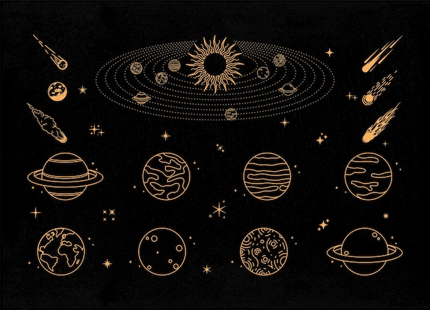 Ilustración mística o celestial de planetas y meteoros