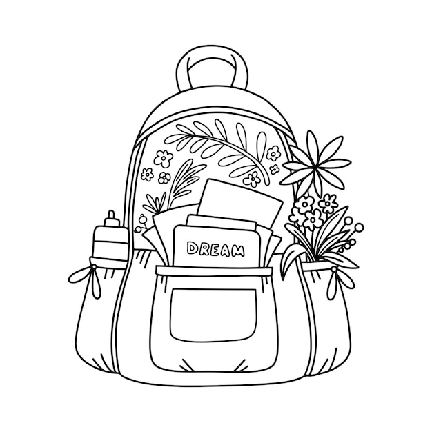 Ilustración de mochila de Doodle Bolsa dibujada a mano con follaje Concepto de regreso a la escuela Vacaciones en el bosque