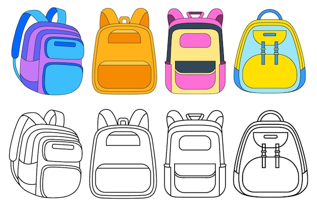 Ilustración de una mochila linda Conjunto de diferentes iconos de garabateo de la mochila Colección de educación de regreso a la escuela