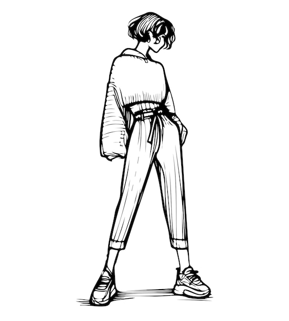 Ilustración de moda abstracta Niña con pantalones cabello corto