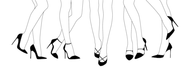 Ilustración de moda en blanco y negro de pies de niñas en zapatos de tacón alto