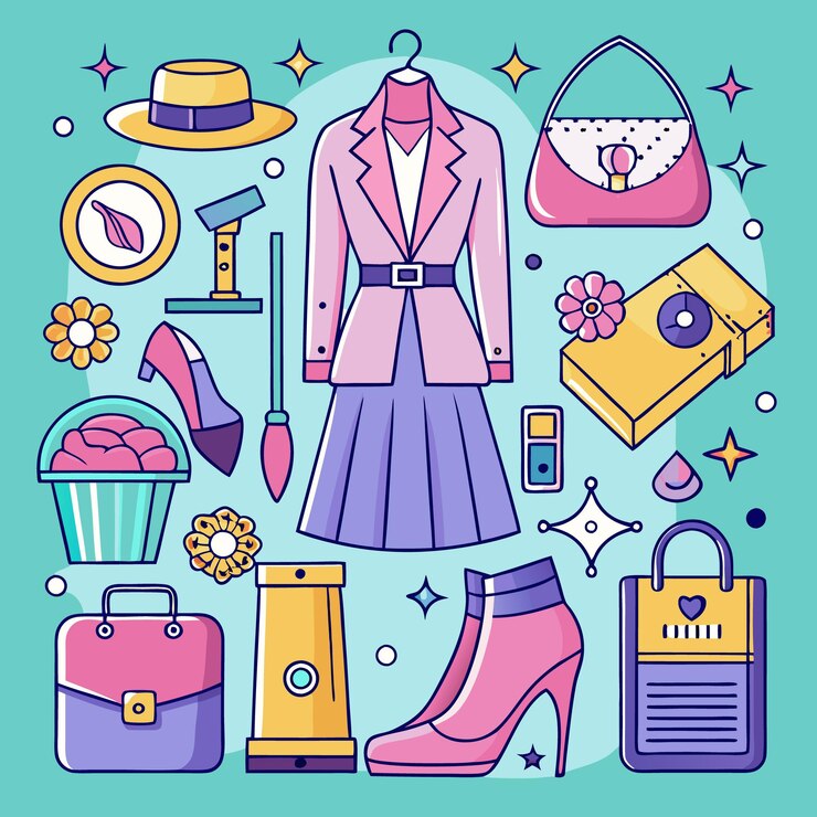 Vector ilustración de moda de un blazer rosa con una falda y accesorios a juego