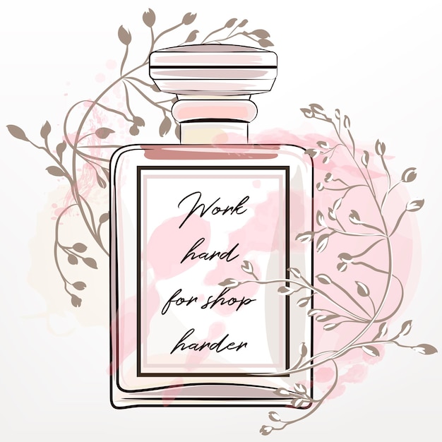 Ilustración de moda con botella de vidrio de perfume rosa en estilo acuarela