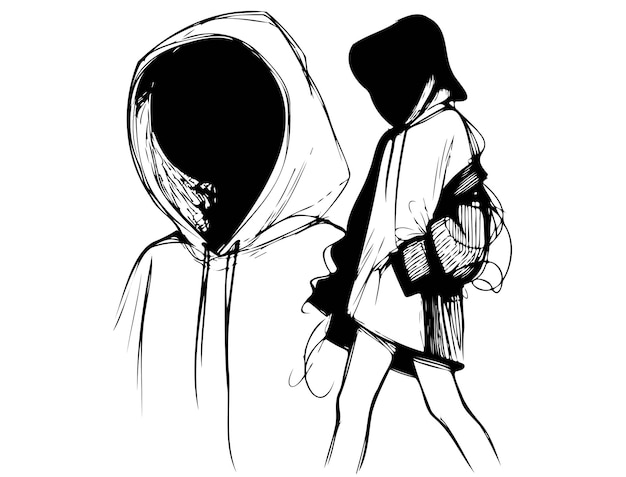 Ilustración de moda Chica de dibujos animados con sudadera boceto negro