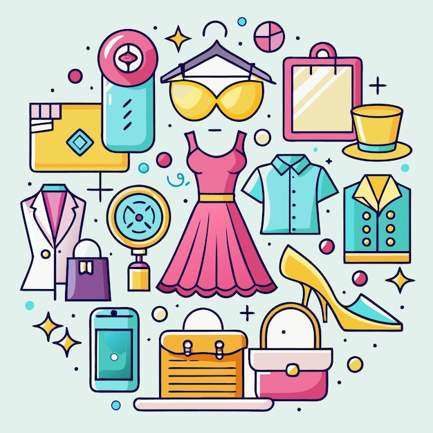 Ilustración de moda colorida con varias ropas y accesorios