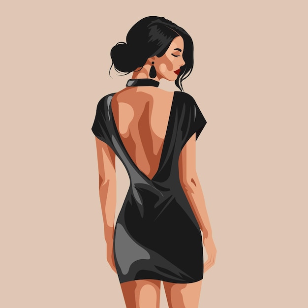 Ilustración de moda de una hermosa joven sexy de apariencia europea en un vestido negro sin espalda