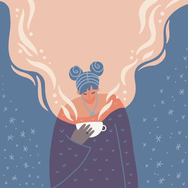 Ilustración de moda de hipster chica adolescente en jersey de punto de gran tamaño bebiendo té o café. Calidez y luz emanan de la bebida caliente. Una acogedora metáfora de invierno. Ilustración de vector plano.
