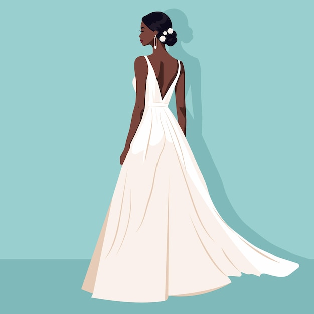 Ilustración de moda de una joven y hermosa novia africana en un elegante vestido de novia largo sin espalda
