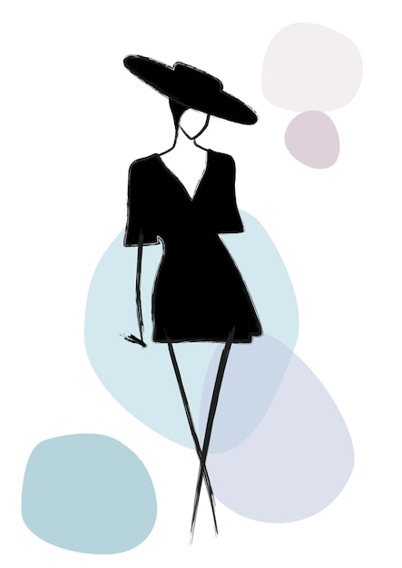 Ilustración de moda moderna de una mujer con un vestido negro y un sombrero. Elegante arte de pincel de línea abstracta