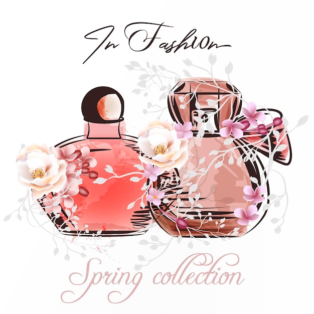 Ilustración de moda con un par de botellas de perfume y rosas