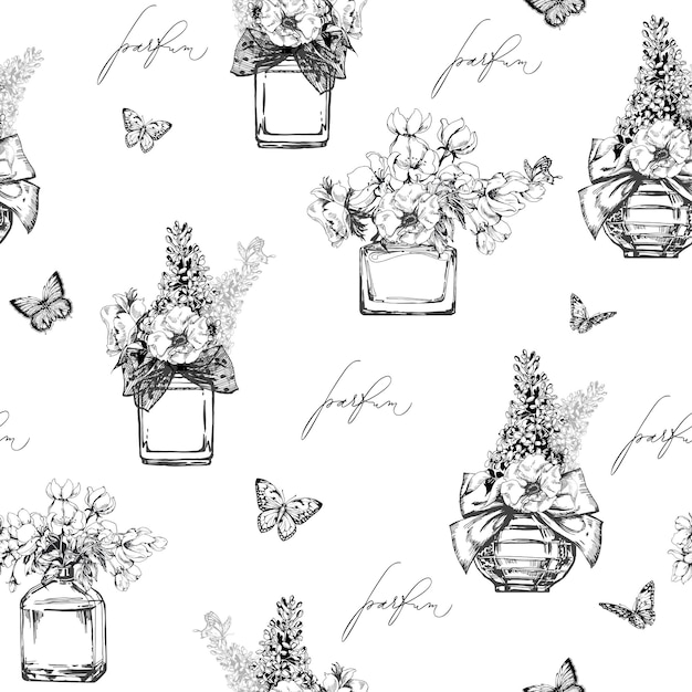 Ilustración de moda perfecta con botellas de perfume de mujer hermosa y flores de manzana florecientes