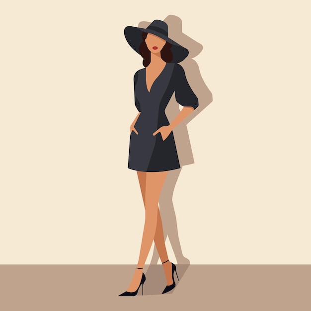 Ilustración de moda plana vectorial de una hermosa mujer joven con un sombrero y un vestido elegante