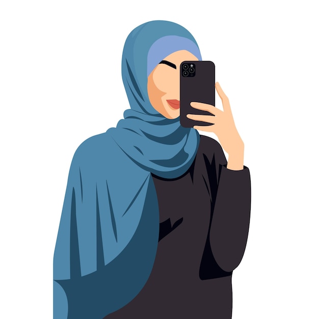 Ilustración de moda plana vectorial de una hermosa mujer musulmana moderna en hijab tomando una selfie