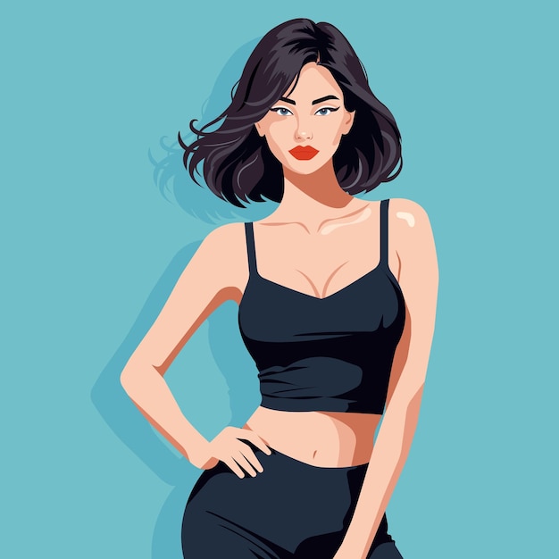 Ilustración de moda plana vectorial de una joven sexy en una camiseta deportiva corta negra y leggings