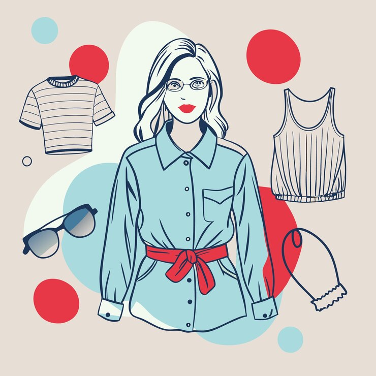 Vector ilustración de moda con prendas de vestir y una mujer elegante