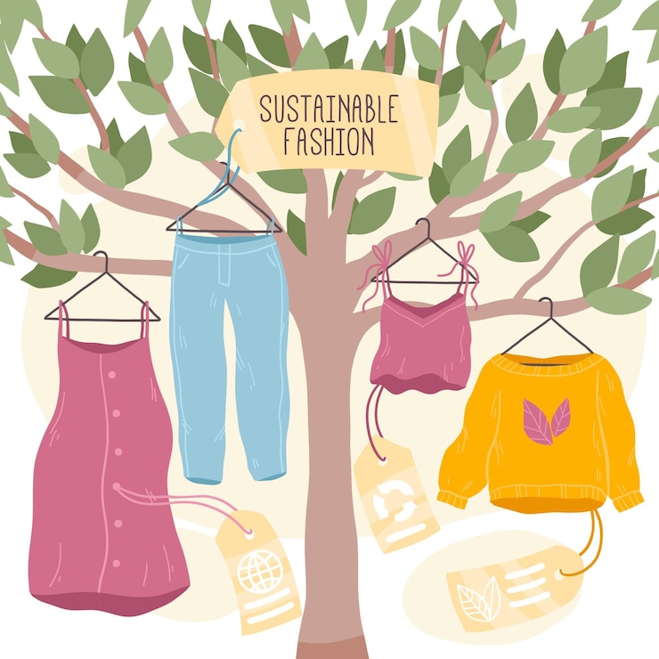 Vector ilustración de moda sostenible dibujada a mano plana con ropa colgada de un árbol