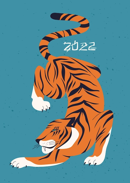 Ilustración de moda con tigre colorido en estilo asiático. Impresión de tarjetas de felicitación de animales modernos. Tigre de caza abstracto. Signo chino del año 2022. Año del tigre 2022 Tarjeta de año nuevo japonés.