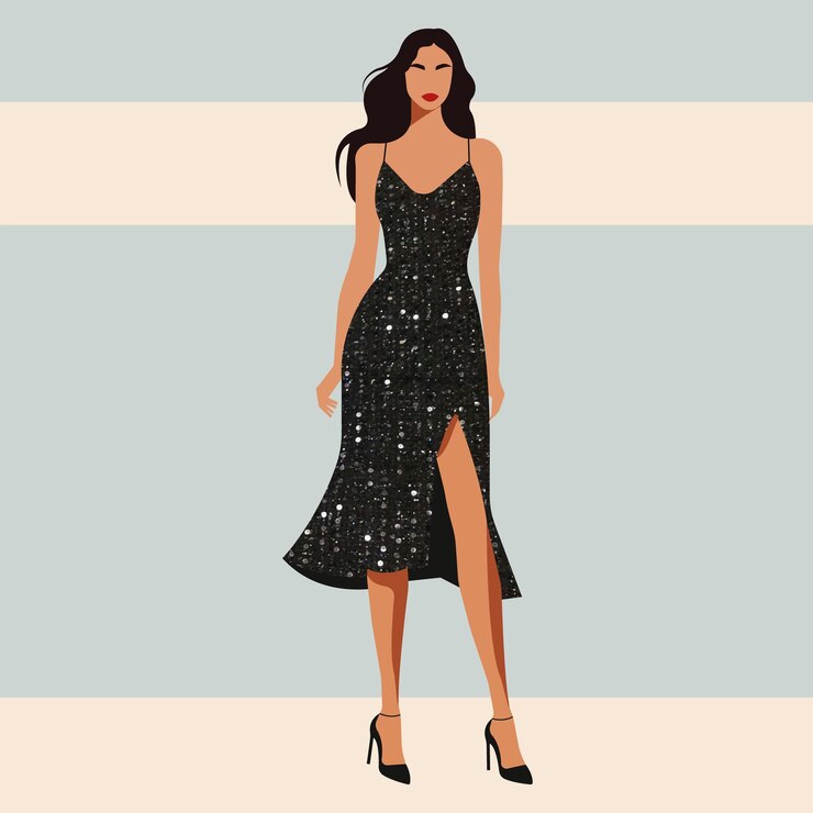Vector ilustración de moda vectorial de una mujer joven en un vestido de noche