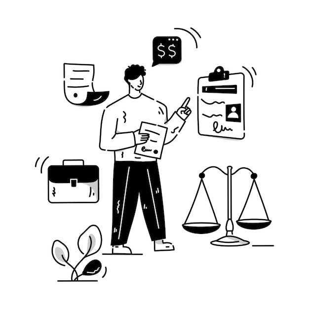 Una ilustración moderna dibujada a mano del contrato legal.