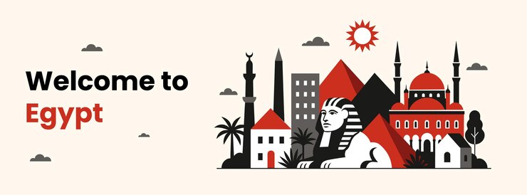 Ilustración moderna de Egipto Puntos de referencia con pirámides Esfinge y mezquita