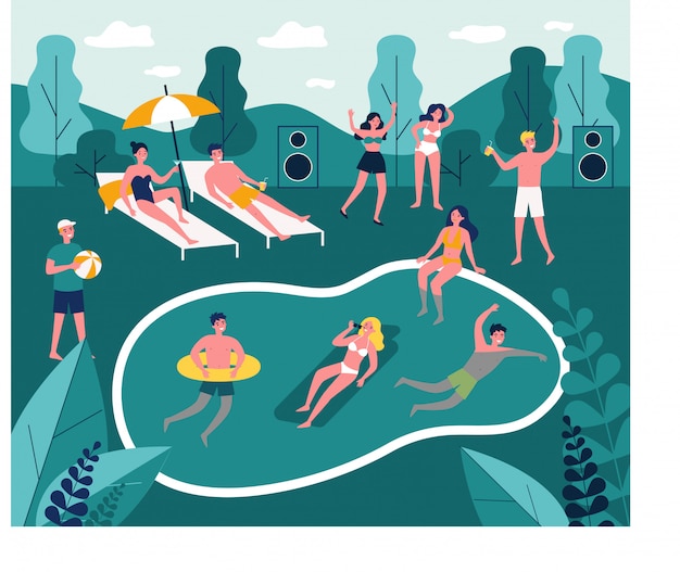 Vector ilustración moderna de fiesta en la piscina