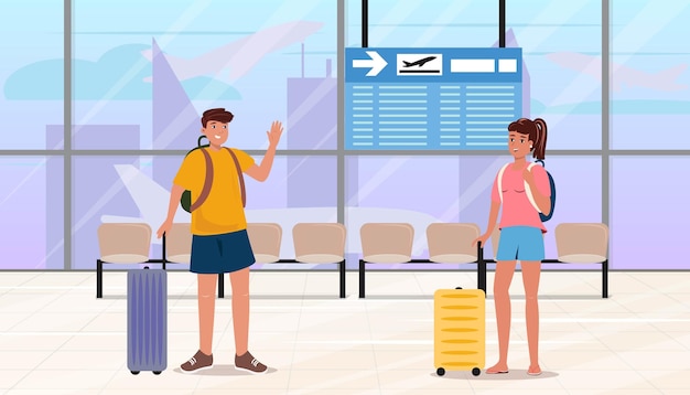 Ilustración moderna con un hombre y una mujer en el aeropuerto saludándonos Viaje de vacaciones