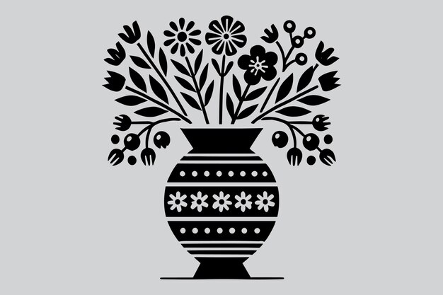 Ilustración moderna de un jarrón de flores en blanco y negro